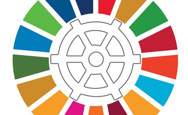 Logo Netzwerk für ein Nachhaltiges Ratingen, Ratingen-Rad in Kreis aus SDG-Farben