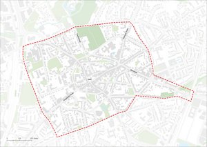 Kartendarstellung Innenstadt Ratingen mit Abgrenzung Stadtumbaugebiet.