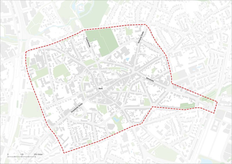 Kartendarstellung Innenstadt Ratingen mit Abgrenzung Stadtumbaugebiet.