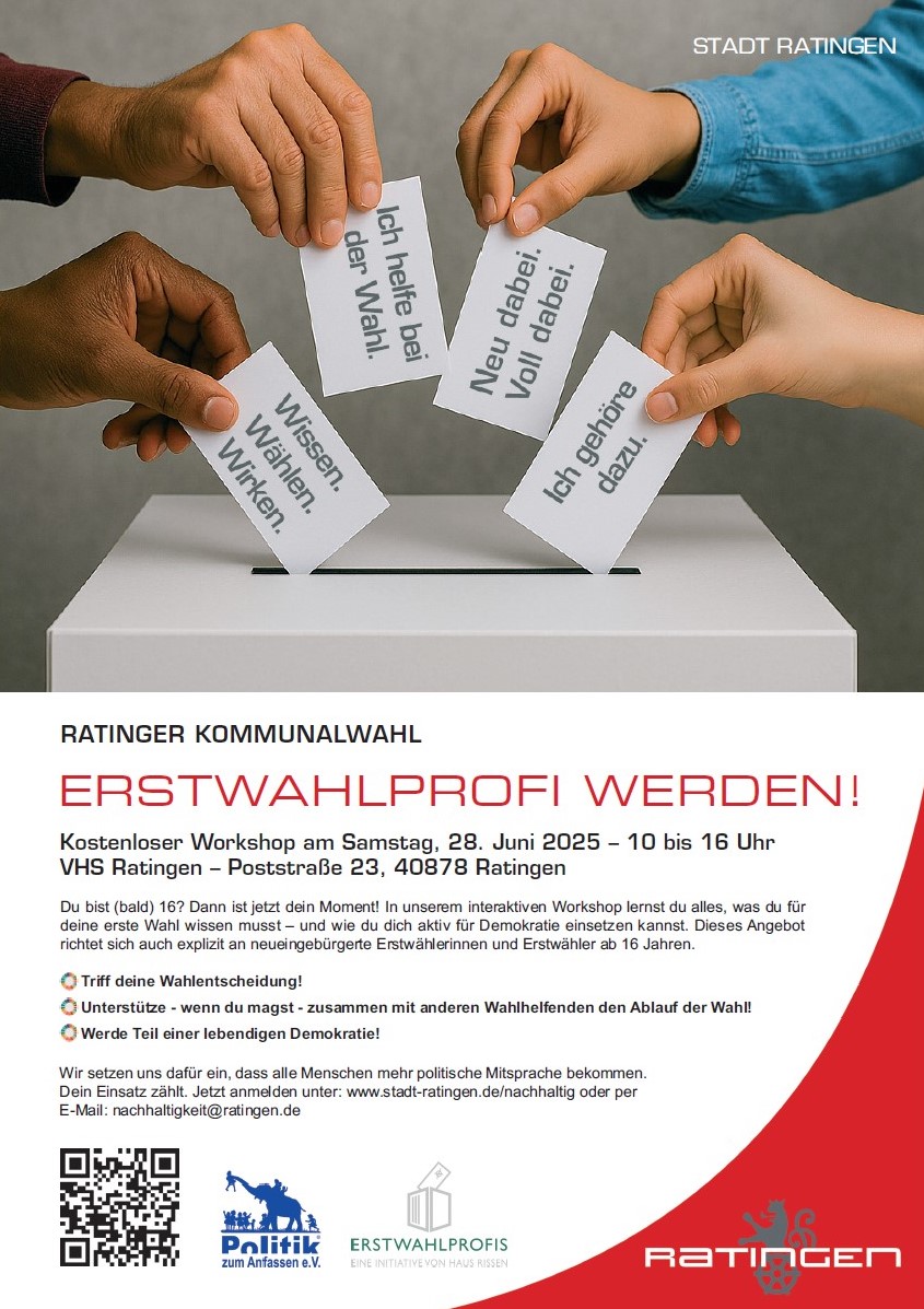 Hände die Zettel mit Slogans zur demokratischen Beteiligung in eine Wahlurne werfen. Mit Informationen zum Workshop "Erstwahlprofis"